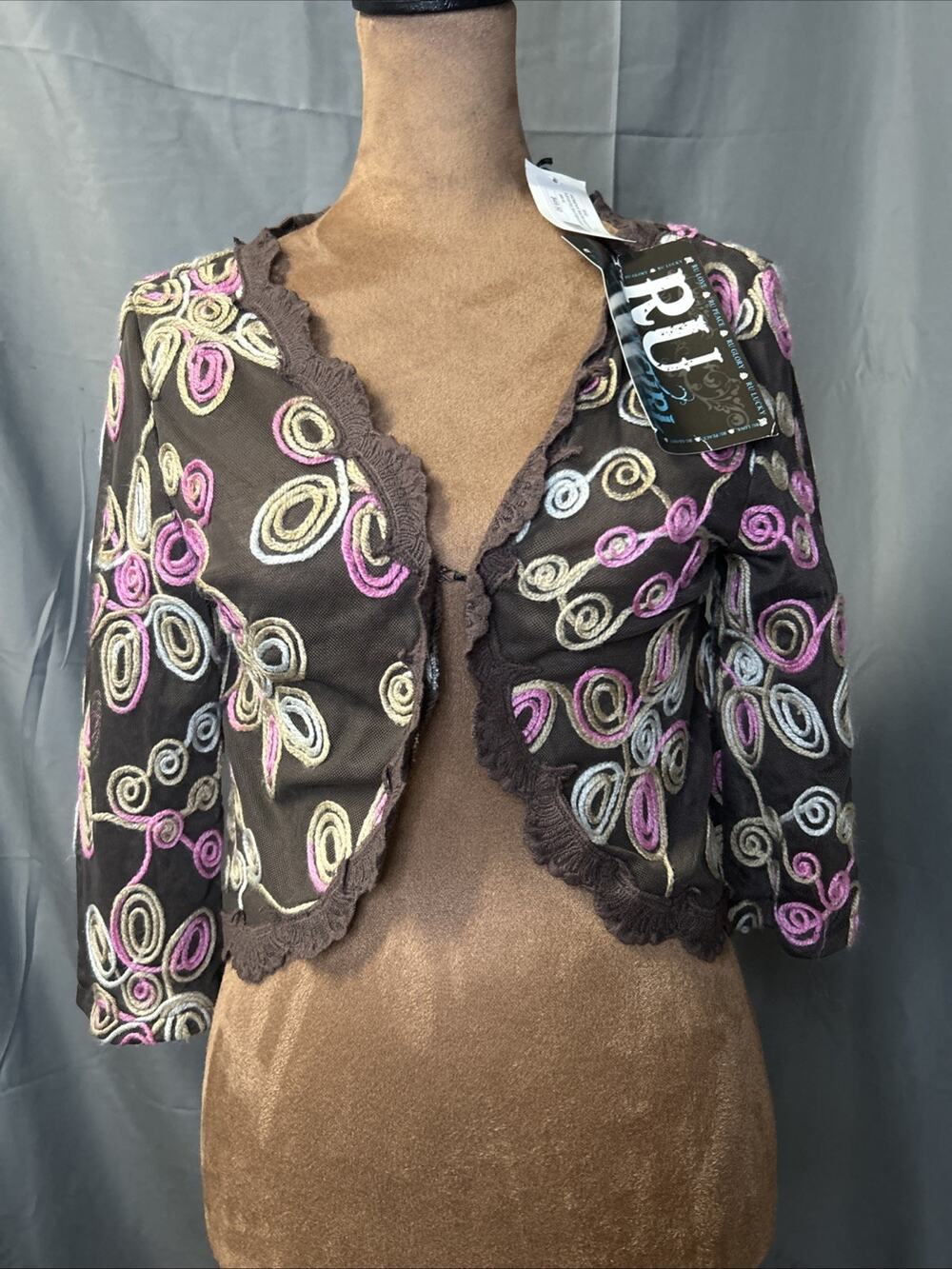 NWT Robin Ruth Vintage Y2K Embroidered Mesh Shrug Bolero Cropped Jacket Brown S